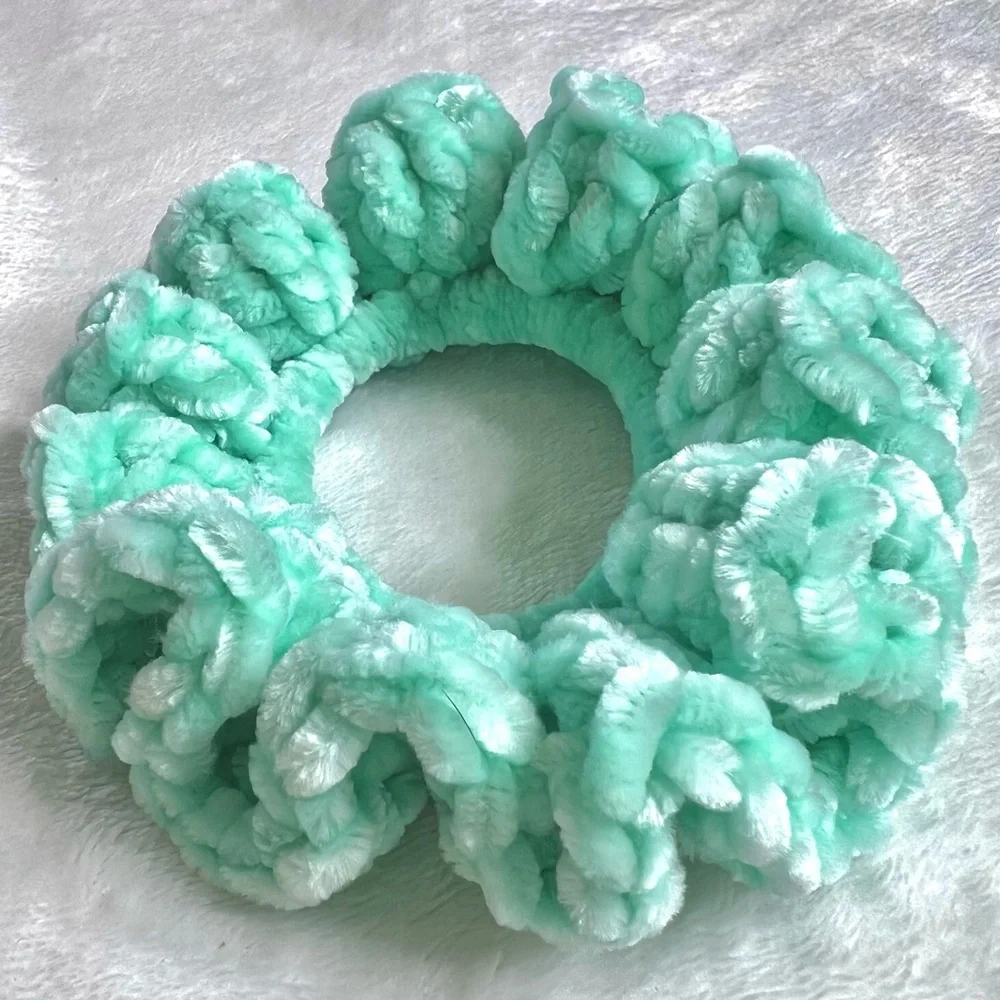 Handmade VELVET Crochet Hair Scrunchie Mint Green Soft Hair Tie PinkRainCloud
